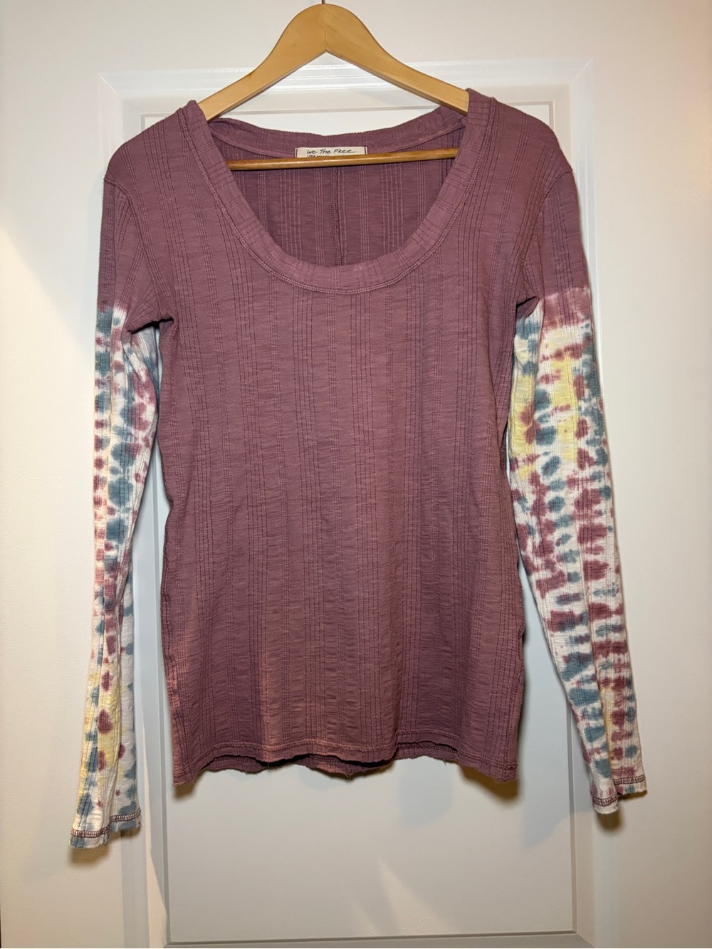 Free People | We The Free Tie Dye Ribbed Scoop Neck Thermal Long Sleeve - Mauve - Picture 2 of 6